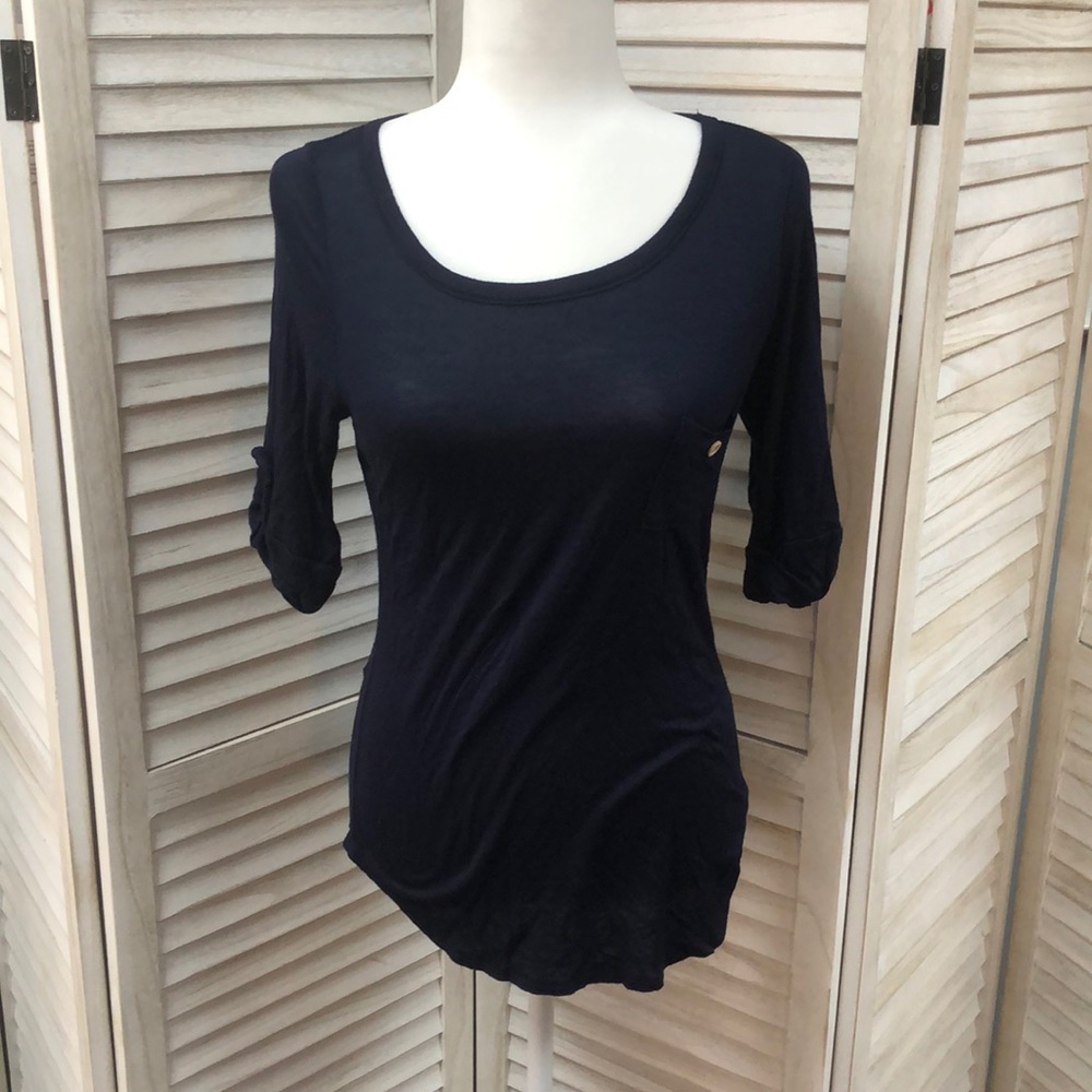 Navy Boat Neck Pocket Tee with Wood Buttons